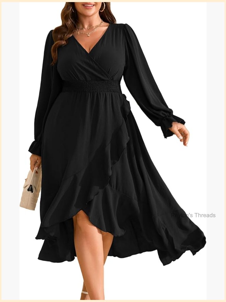 Plus Size Wrap V Neck Maxi Dress Long Sleeve High Low Ruffle Cocktail Fall